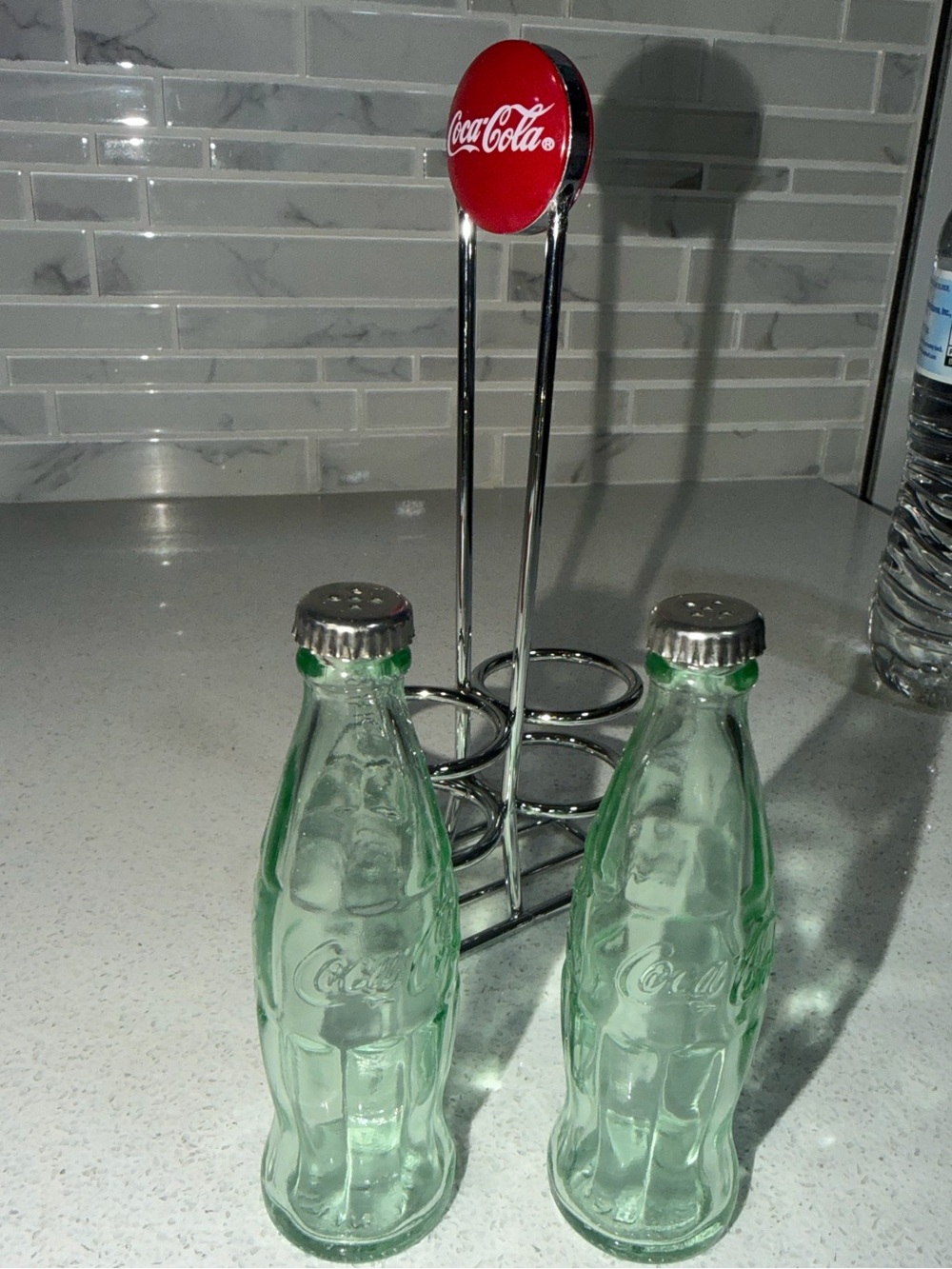 Coca Cola Green Glass Bottle Salt & Pepper Shakers with Chrome Rack